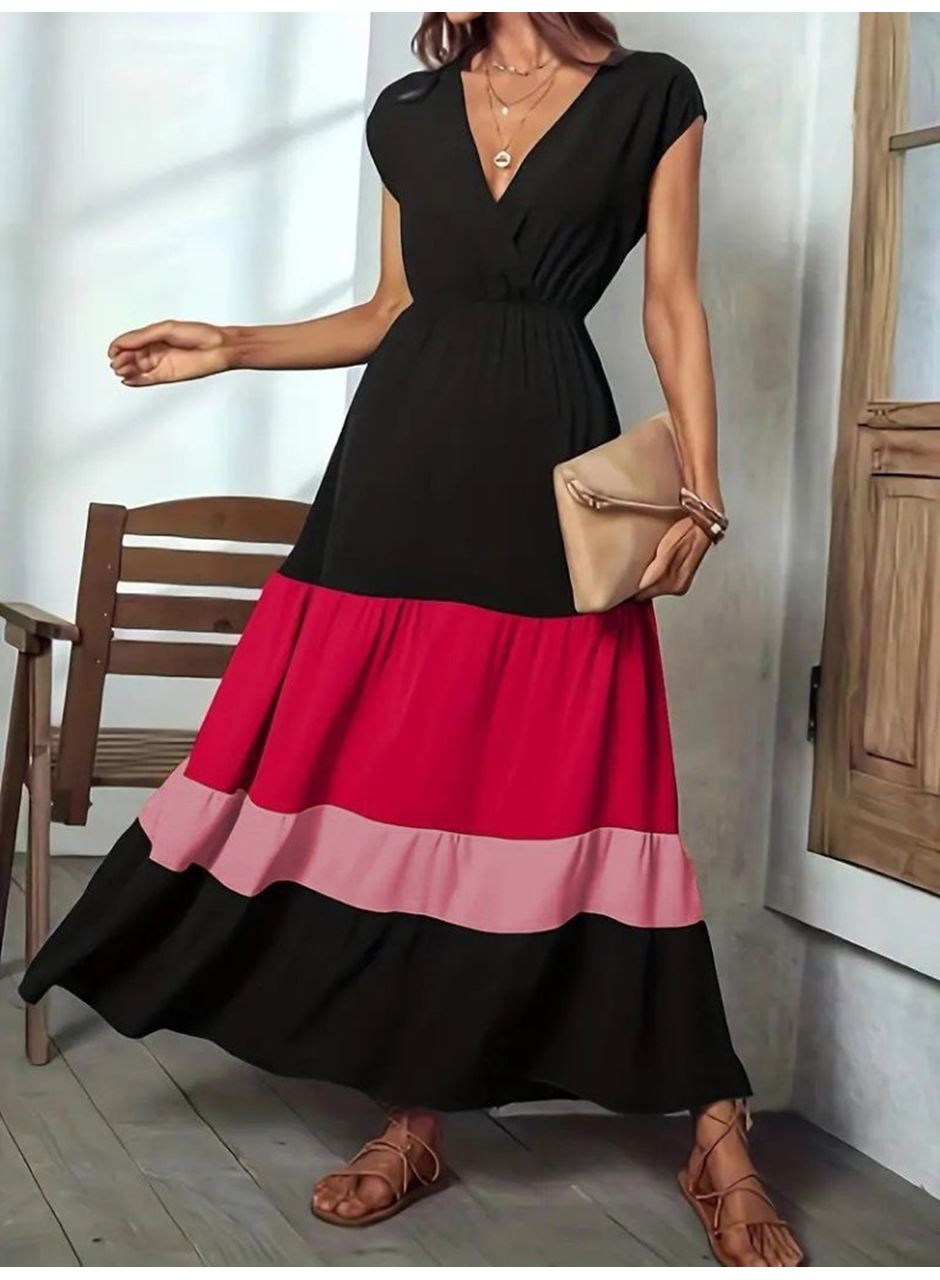 Kadın Kısa Kollu Kruvaze Yakalı çok Renkli Aerobin Elbise