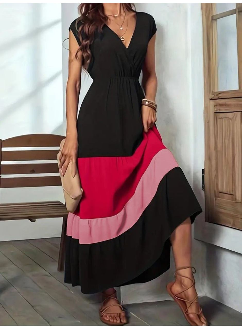 Kadın Kısa Kollu Kruvaze Yakalı çok Renkli Aerobin Elbise