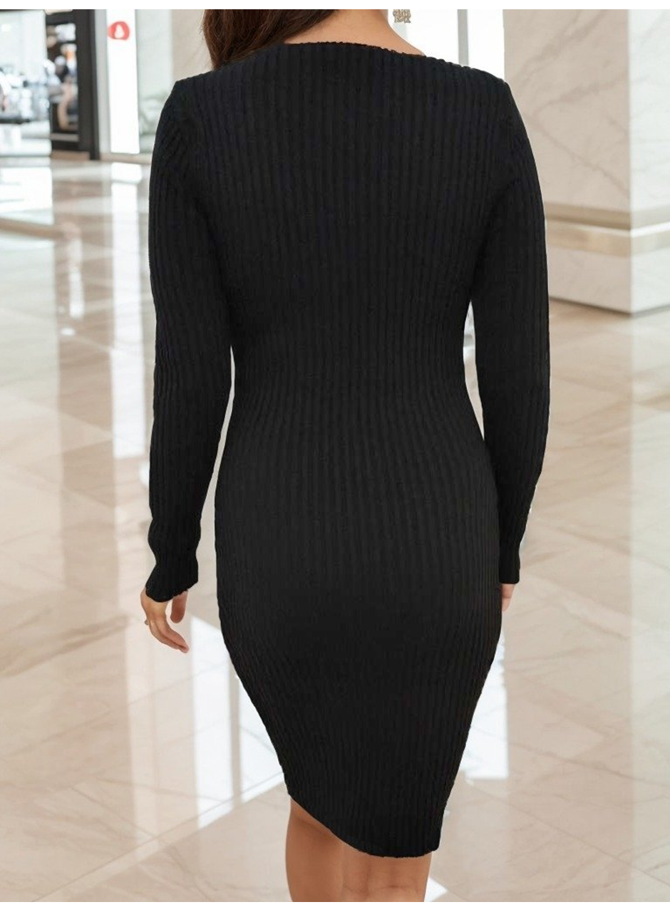 Kadın Uzun Kollu V Yaka Triko Elbise