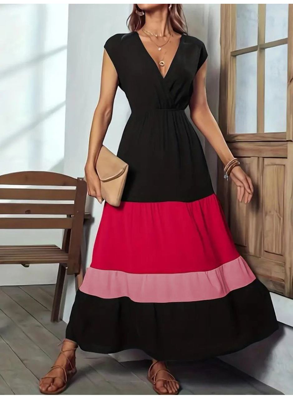 Kadın Kısa Kollu Kruvaze Yakalı çok Renkli Aerobin Elbise