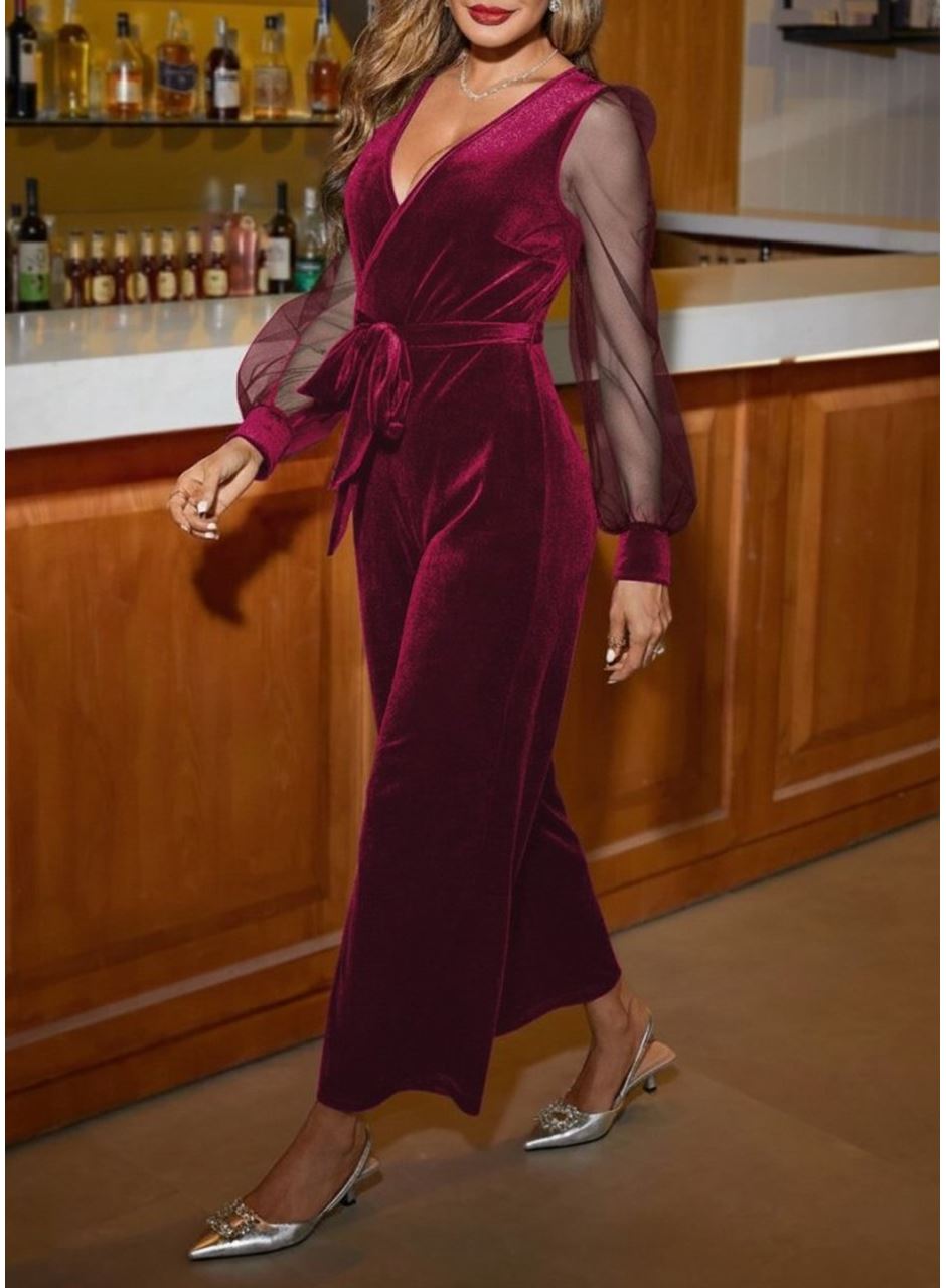 Kadın Uzun Kollu Kruvaze Yakalı Belden Kuşaklı Tül Detaylı Kadife Tulum