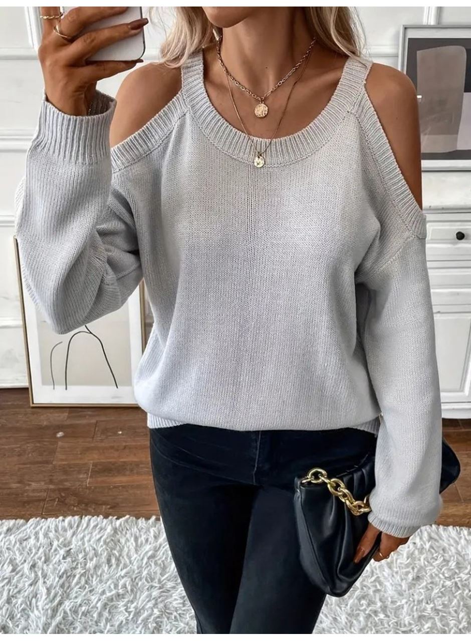 Kadın Uzun Kollu Omuzlardan Açık Askılı Triko Bluz
