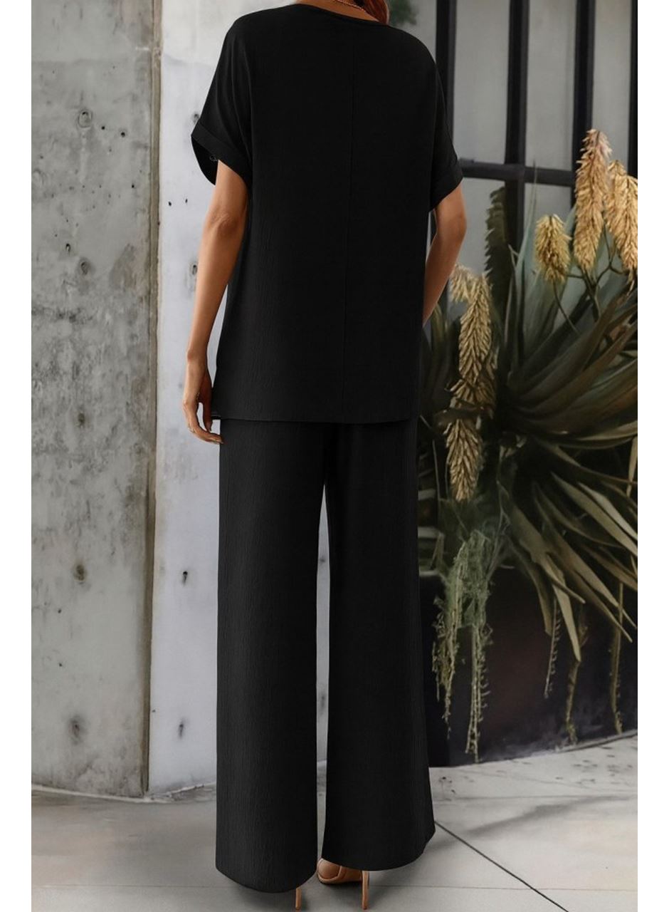 Kadın Kısa Kollu Yakası Açık Aerobin Bluz Ve Pantolon Ikili Takım
