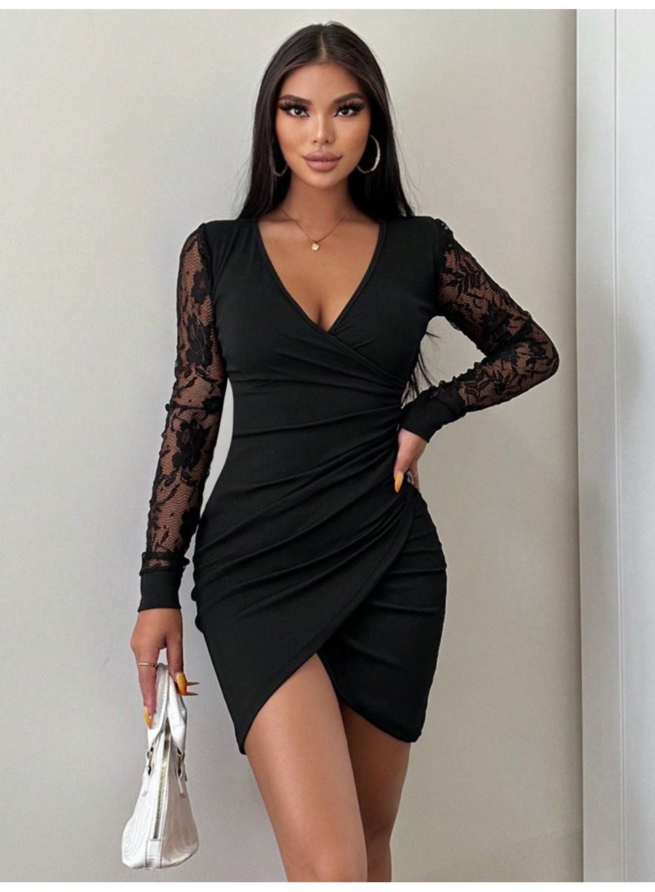 Kadın Uzun Kollu Kruvaze Yaka Beli Düğme Detay Krep Elbise