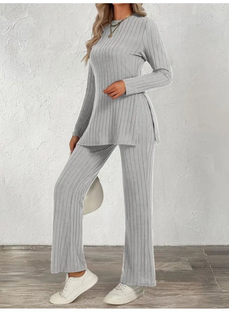 Kadın Uzun Kollu Bisiklet Yaka Yandan Yırtmaçlı şardonlu Kaşkorse Bluz Ve Pantolon Ikili Takım