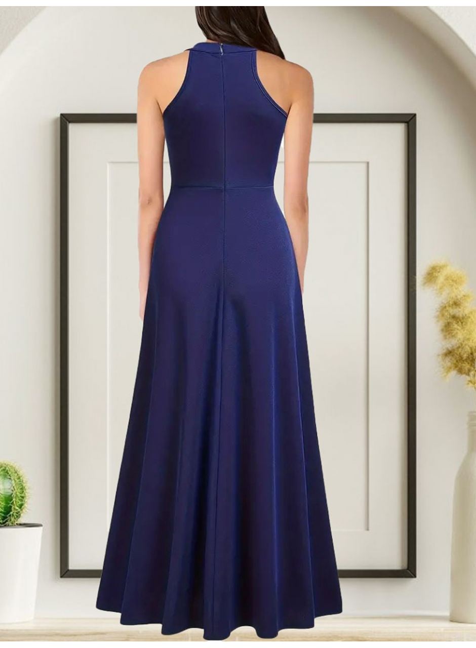 Kadın Halter Yaka Derin Yırtmaç Detaylı Tam Boy Janjan Krep Abiye Elbise