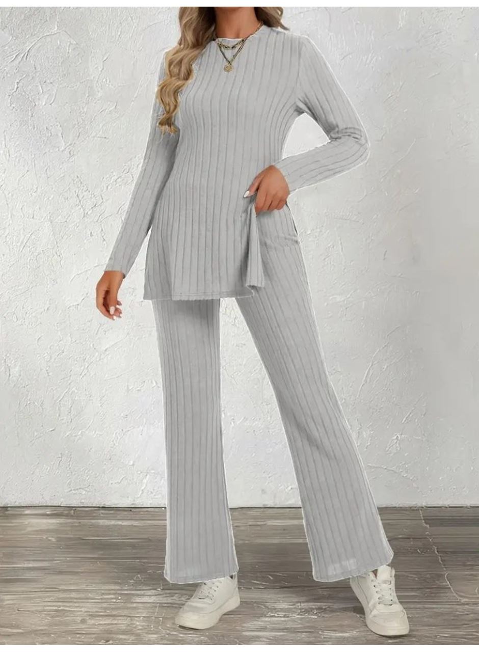 Kadın Uzun Kollu Bisiklet Yaka Yandan Yırtmaçlı şardonlu Kaşkorse Bluz Ve Pantolon Ikili Takım