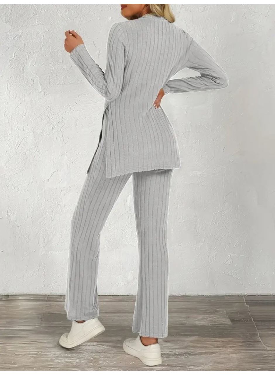 Kadın Uzun Kollu Bisiklet Yaka Yandan Yırtmaçlı şardonlu Kaşkorse Bluz Ve Pantolon Ikili Takım