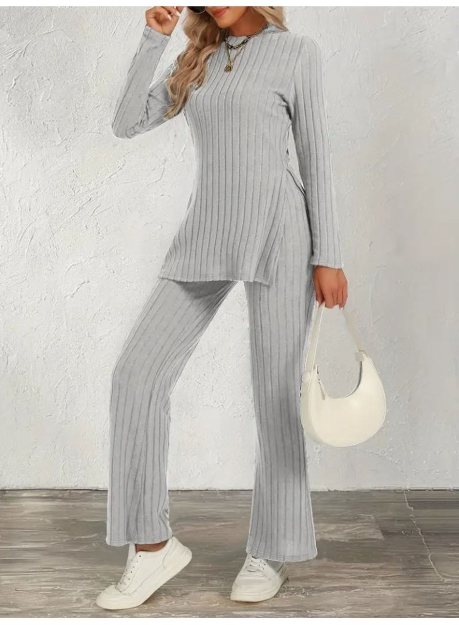 Kadın Uzun Kollu Bisiklet Yaka Yandan Yırtmaçlı şardonlu Kaşkorse Bluz Ve Pantolon Ikili Takım