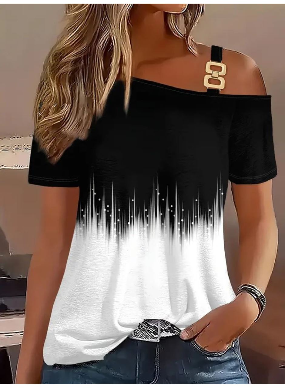 Kadın Tek Omuzdan Açık Askı Detaylı Desenli Süprem Bluz