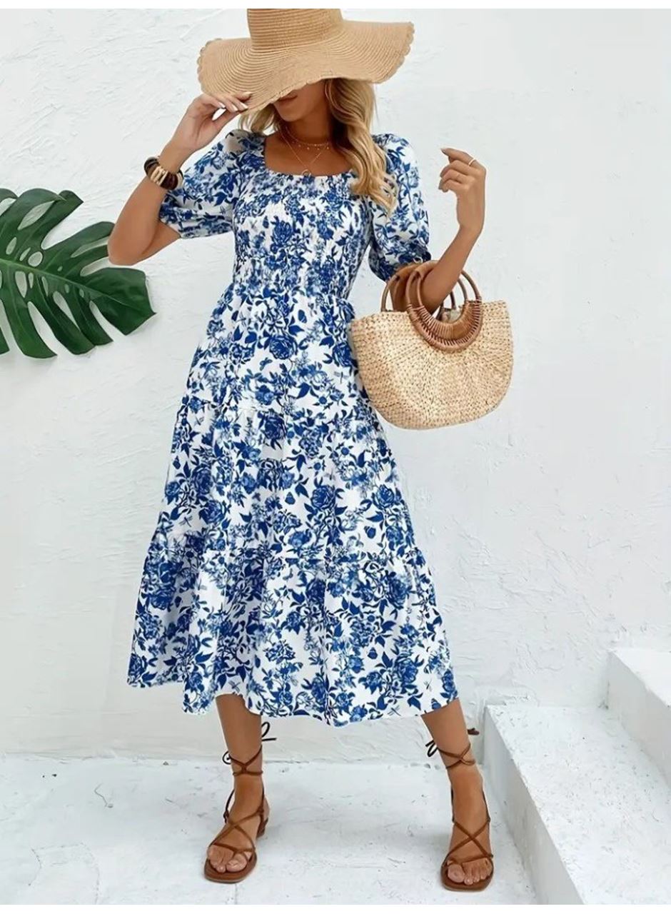 Kadın Kısa Kollu Kare Yakalı Lastikli Desenli Süprem Elbise