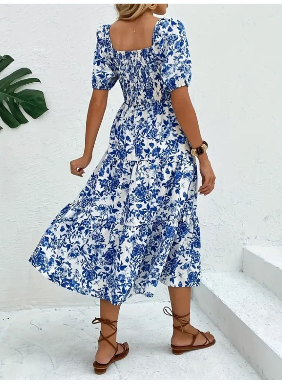 Kadın Kısa Kollu Kare Yakalı Lastikli Desenli Süprem Elbise