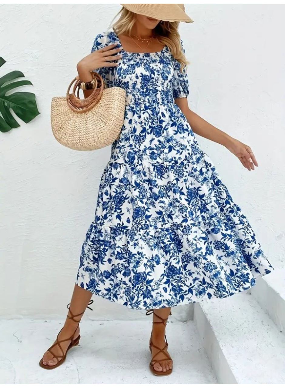 Kadın Kısa Kollu Kare Yakalı Lastikli Desenli Süprem Elbise