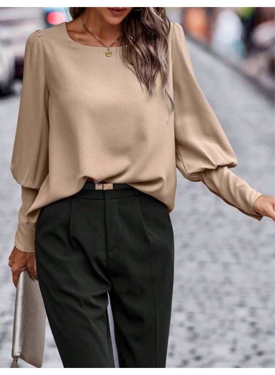 Kadın Uzun Kollu Yuvarlak Yakalı Düğmeli Ithal Krep Bluz
