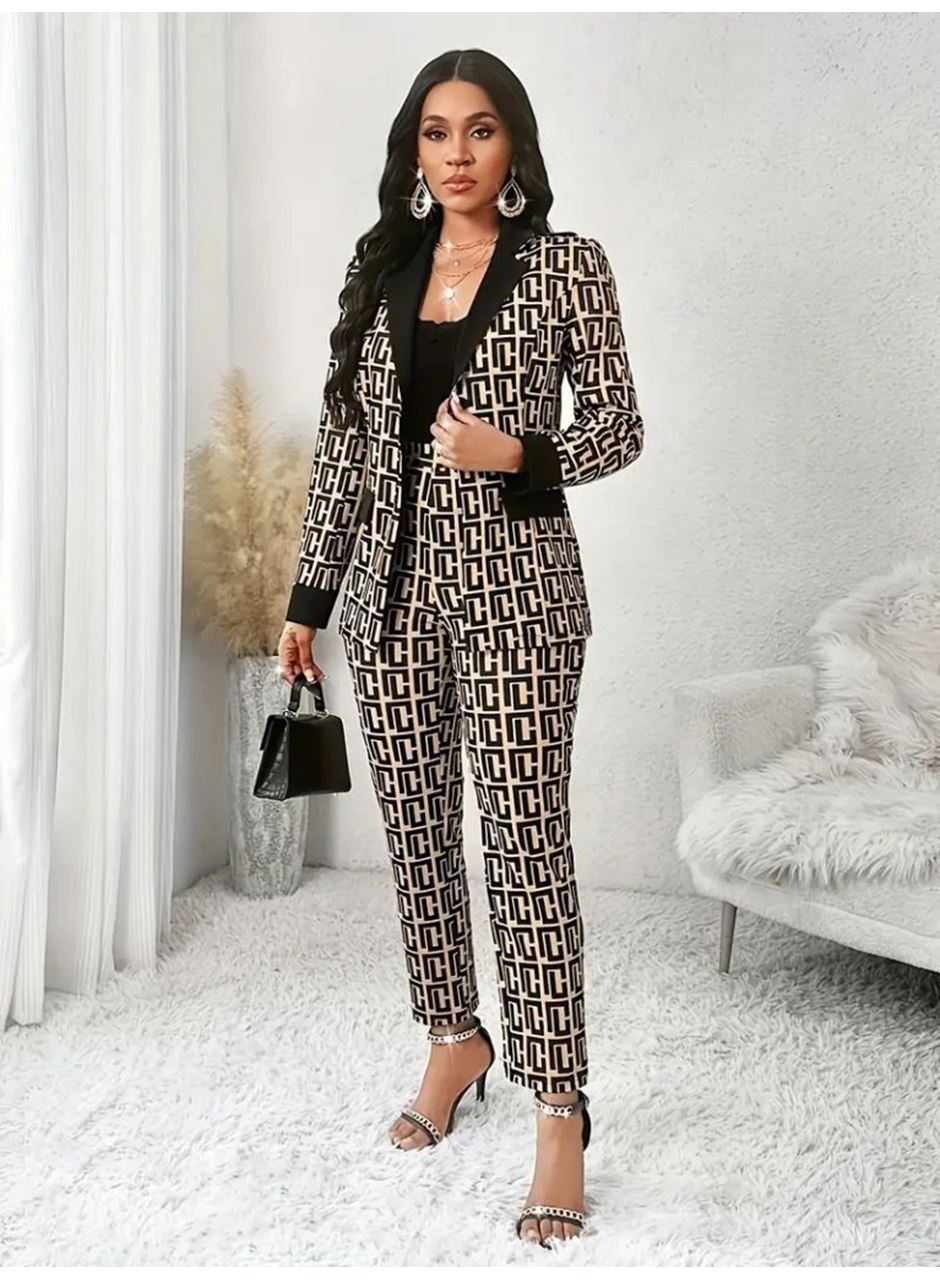 Kadın Uzun Kollu Yakalı Desenli Dalgıç Ceket Bluz Ve Pantolon üçlü Takım