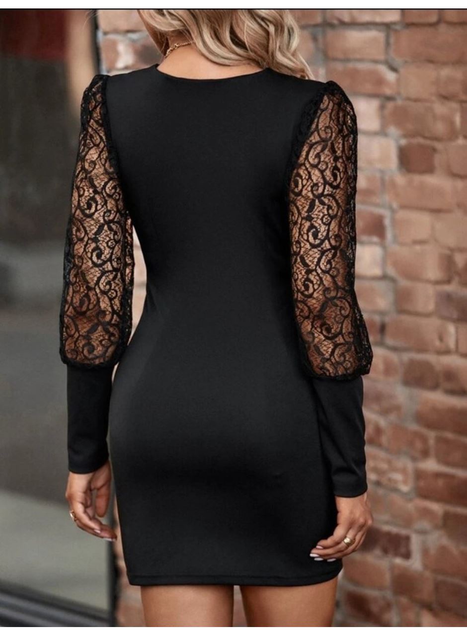 Kadın Uzun Kollu Kruvaze Yaka Kollar Tül Detay Krep Mini Boy Elbise