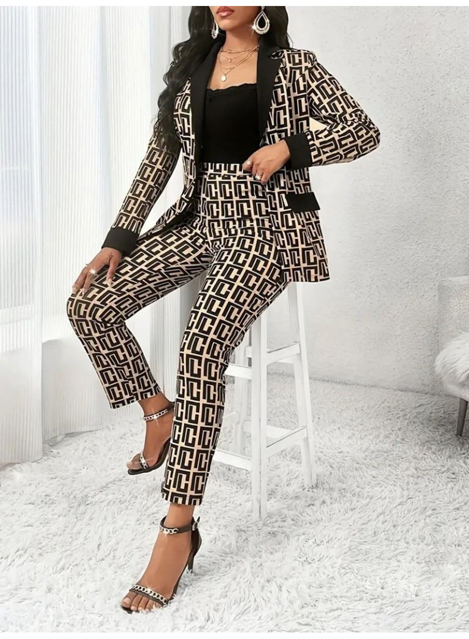 Kadın Uzun Kollu Yakalı Desenli Dalgıç Ceket Bluz Ve Pantolon üçlü Takım