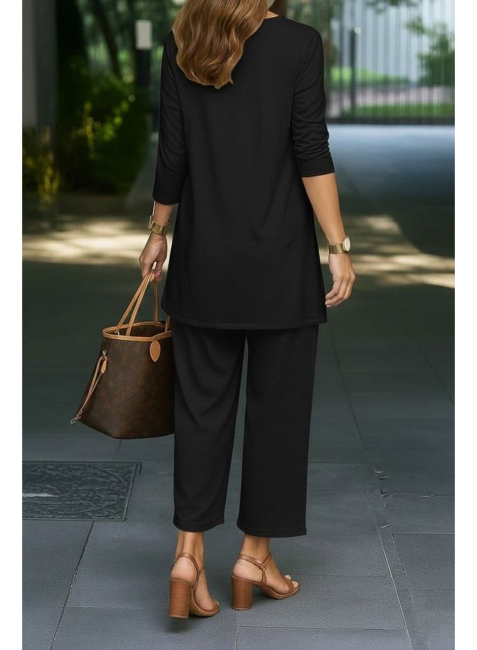 Kadın Uzun Kollu önü Açık Modal Ceket Kolsuz Viskon Iki Iplik Bluz Ve Pantolon üçlü Takım