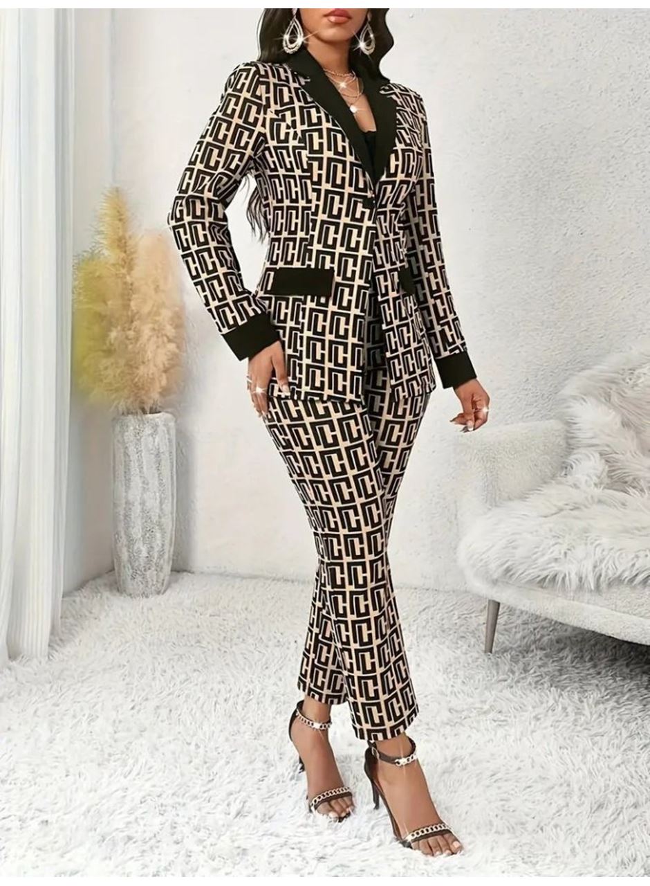 Kadın Uzun Kollu Yakalı Desenli Dalgıç Ceket Bluz Ve Pantolon üçlü Takım