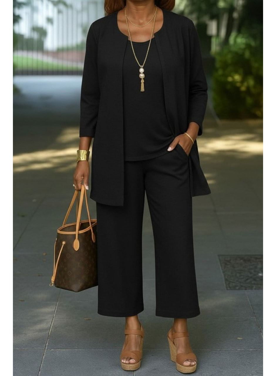 Kadın Uzun Kollu önü Açık Modal Ceket Kolsuz Viskon Iki Iplik Bluz Ve Pantolon üçlü Takım