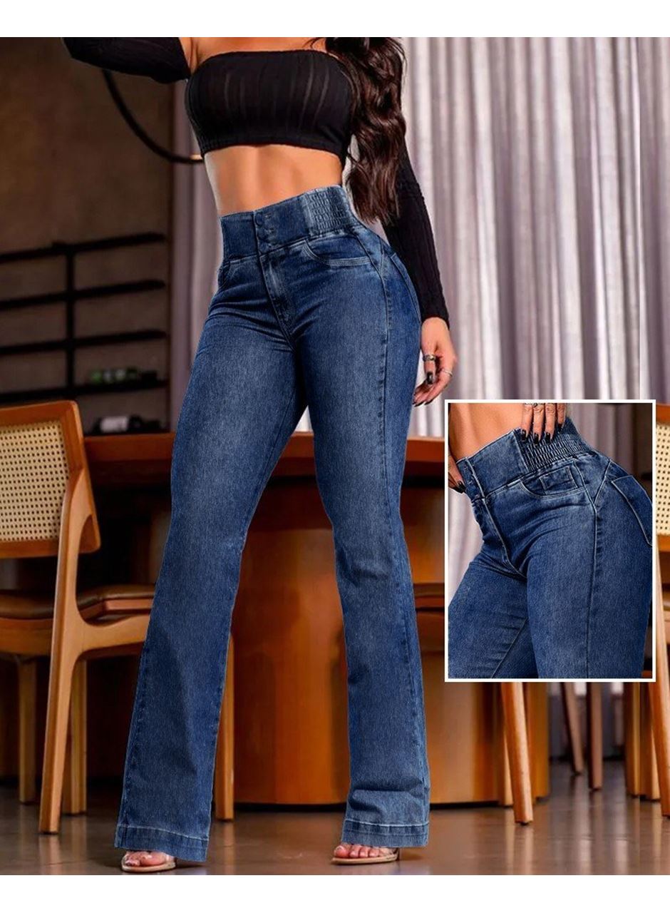 Kadın Yüksek Bel Yanları Lastik önü Düğmeli Kot Pantolon