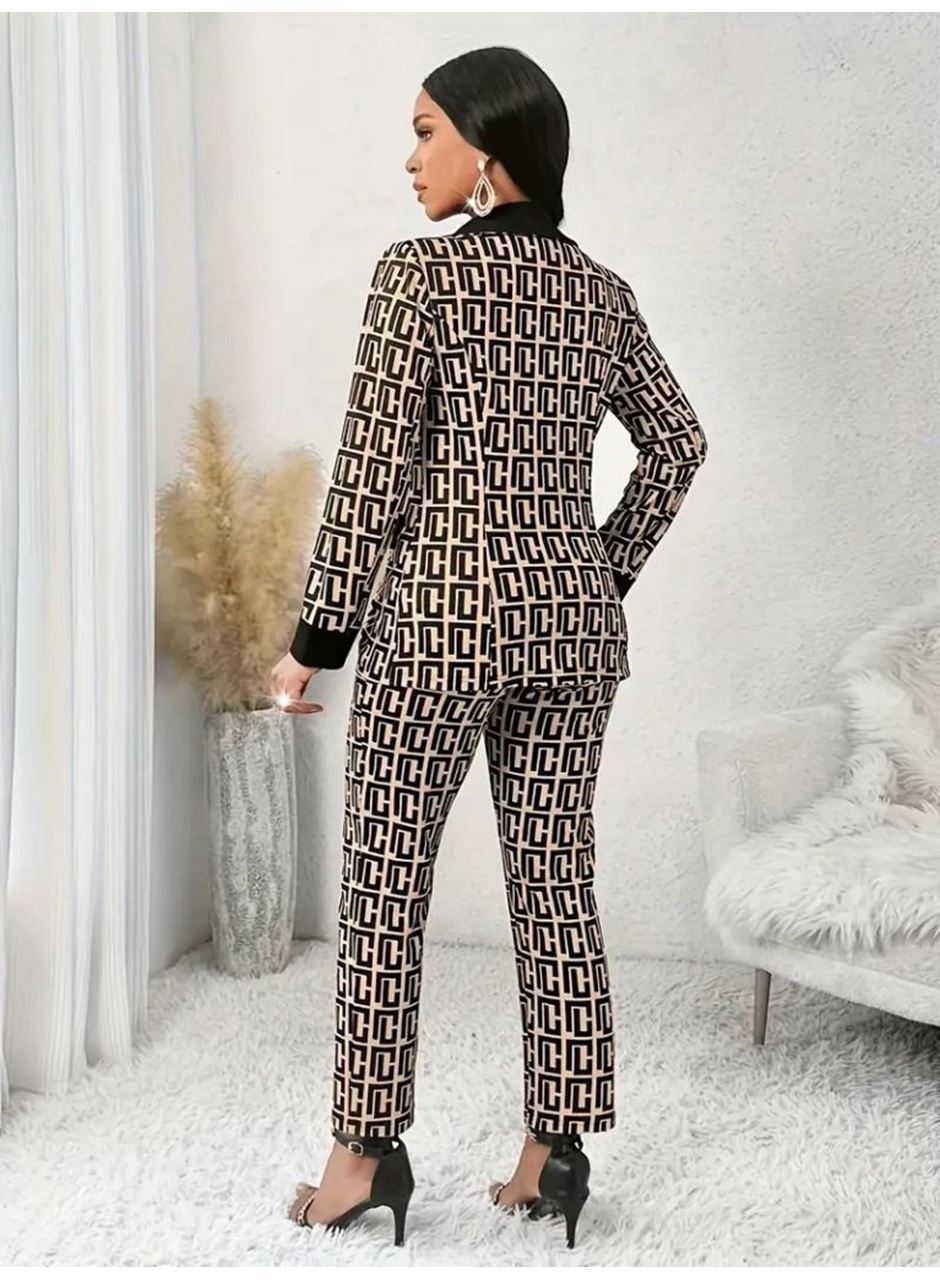 Kadın Uzun Kollu Yakalı Desenli Dalgıç Ceket Bluz Ve Pantolon üçlü Takım