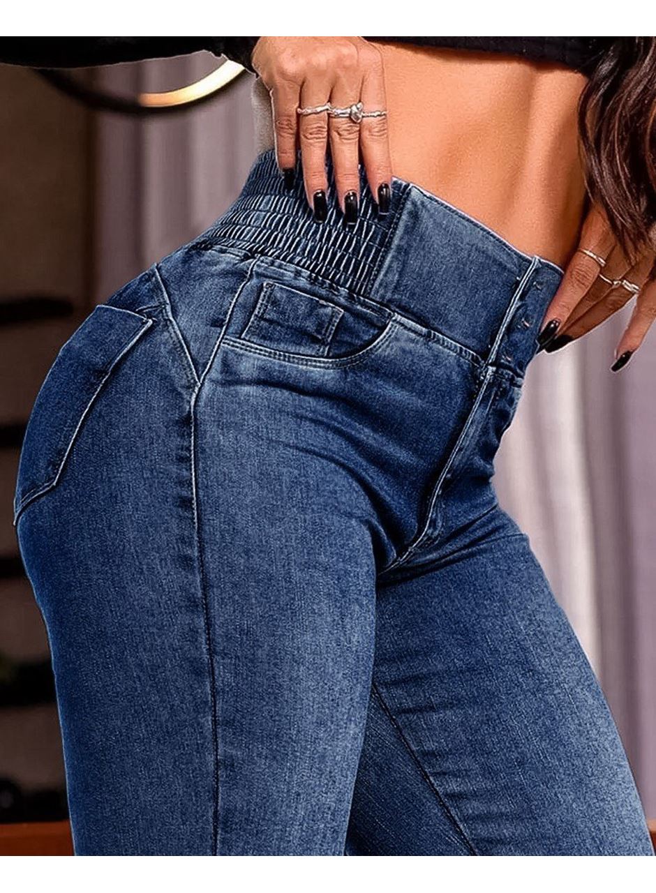 Kadın Yüksek Bel Yanları Lastik önü Düğmeli Kot Pantolon