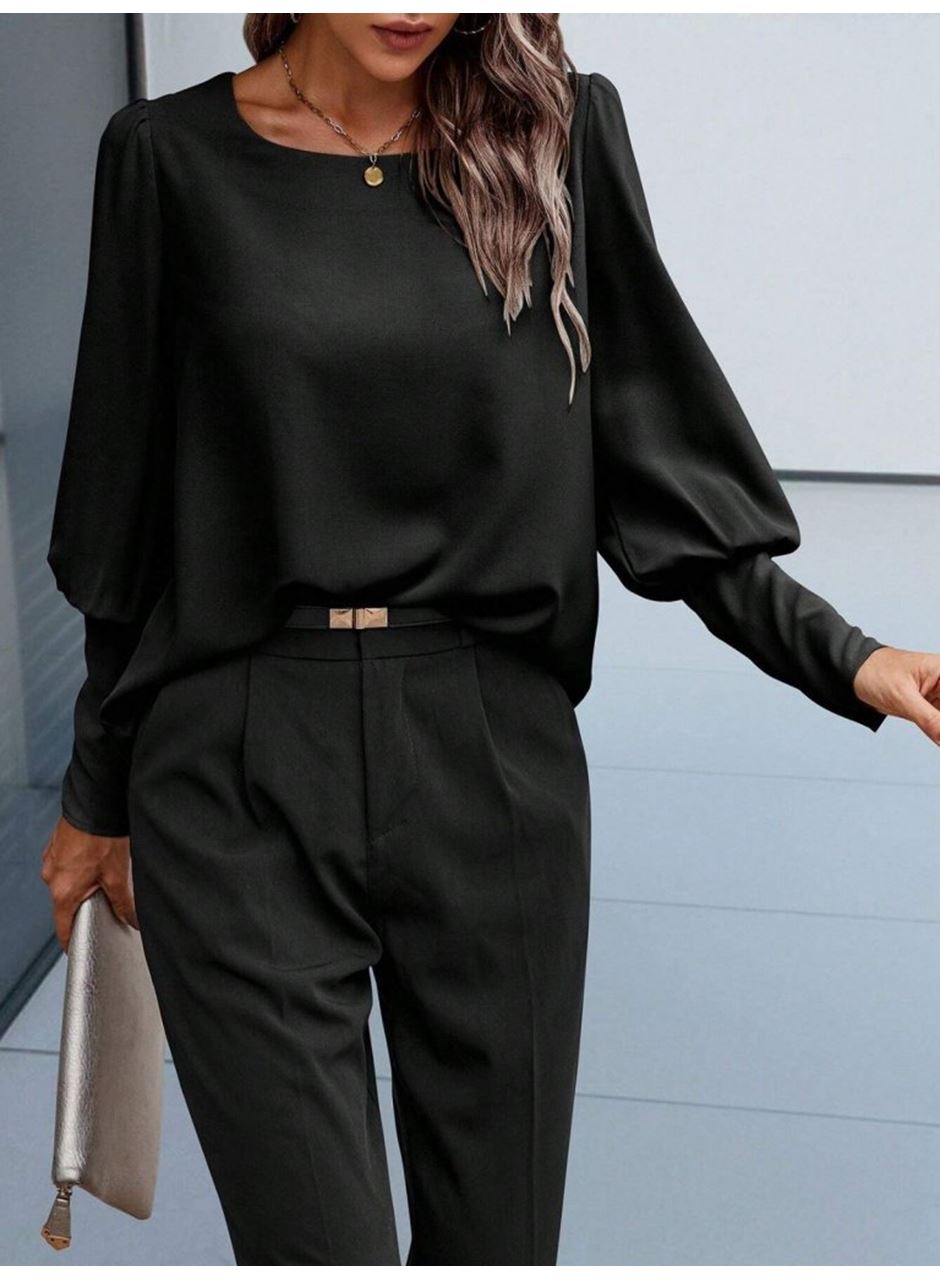 Kadın Uzun Kollu Yuvarlak Yakalı Düğmeli Ithal Krep Bluz