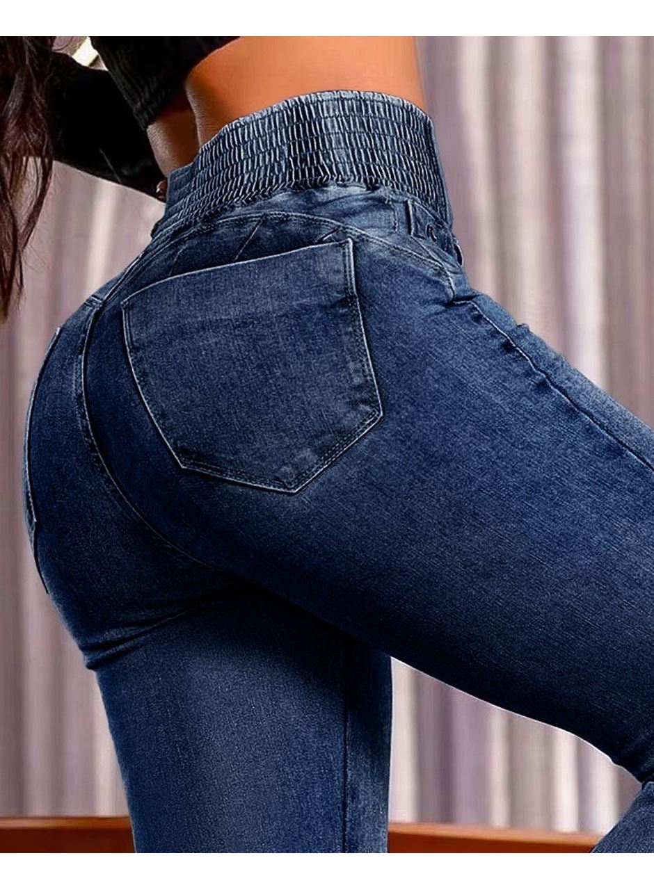 Kadın Yüksek Bel Yanları Lastik önü Düğmeli Kot Pantolon