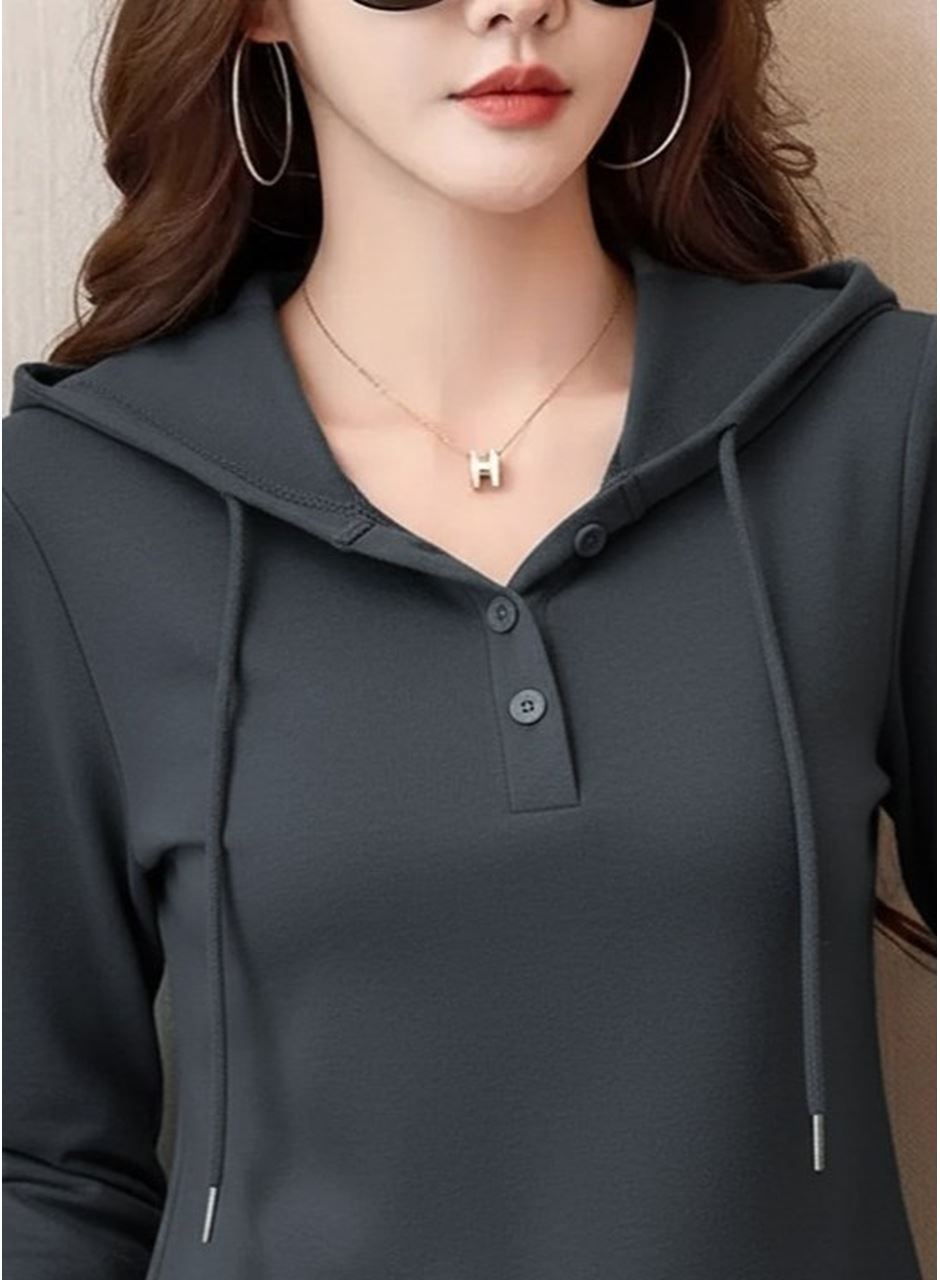 Kadın Uzun Kollu Kapşonlu Bağcıklı Düğmeli Viskon Iki Iplik Füme Bluz