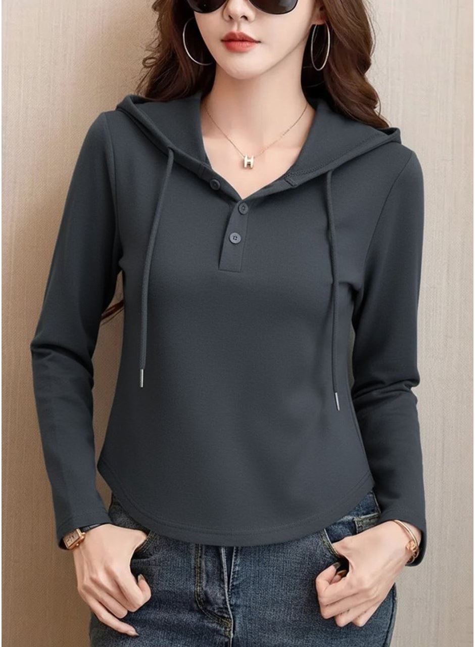 Kadın Uzun Kollu Kapşonlu Bağcıklı Düğmeli Viskon Iki Iplik Füme Bluz