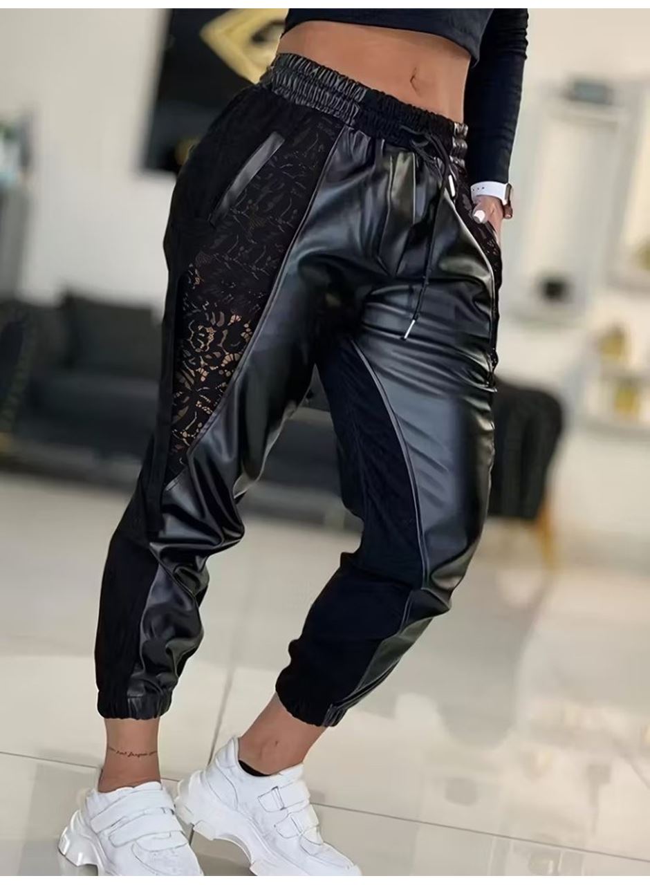 Kadın Yüksek Bel Lastikli Yanda Dantel Detaylı Bağcıklı Deri Pantolon