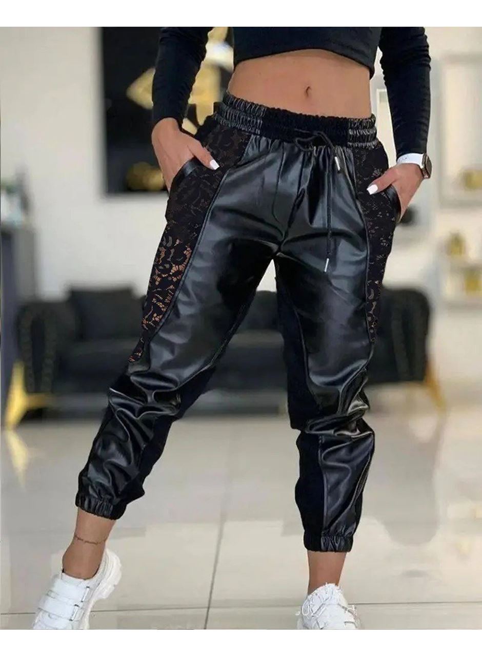 Kadın Yüksek Bel Lastikli Yanda Dantel Detaylı Bağcıklı Deri Pantolon