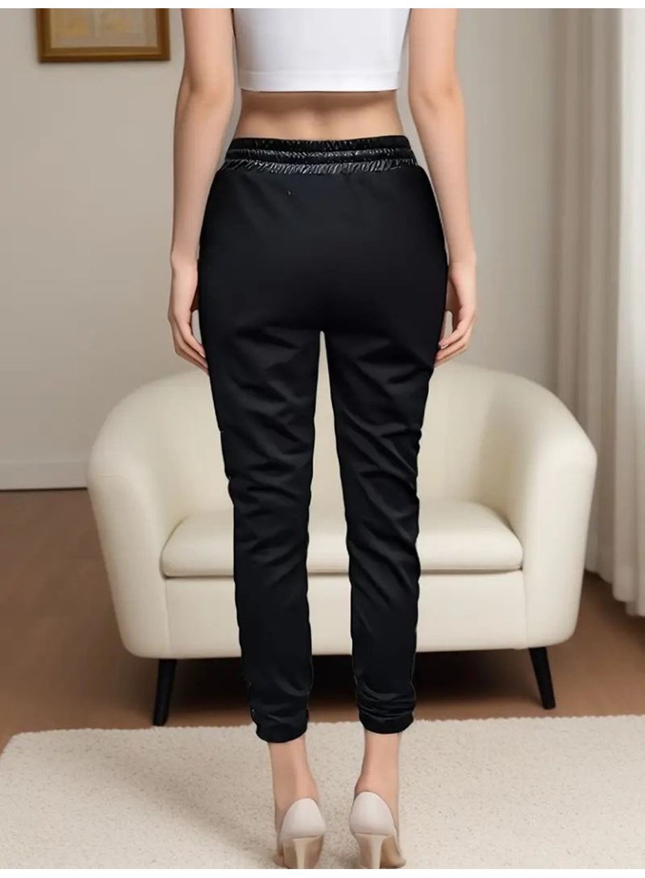 Kadın Yüksek Bel Lastikli Yanda Dantel Detaylı Bağcıklı Deri Pantolon