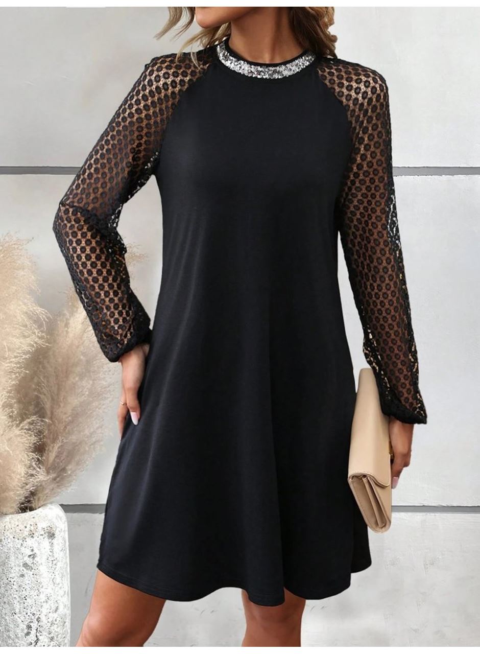 Kadın Uzun Kollu Yarı Balıkçı Yaka Pulpayetli Kolları Dantel Detaylı Mini Ithal Krep Elbise