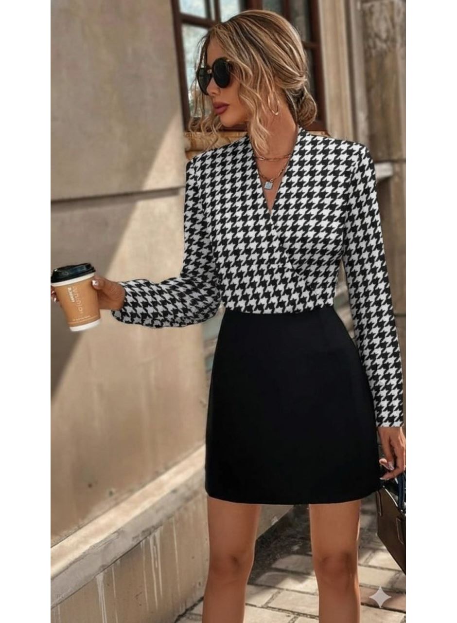 Kadın Uzun Kollu Kruvaze Yakalı üst Dalgıç Alt Ithal Krep Mini Elbise