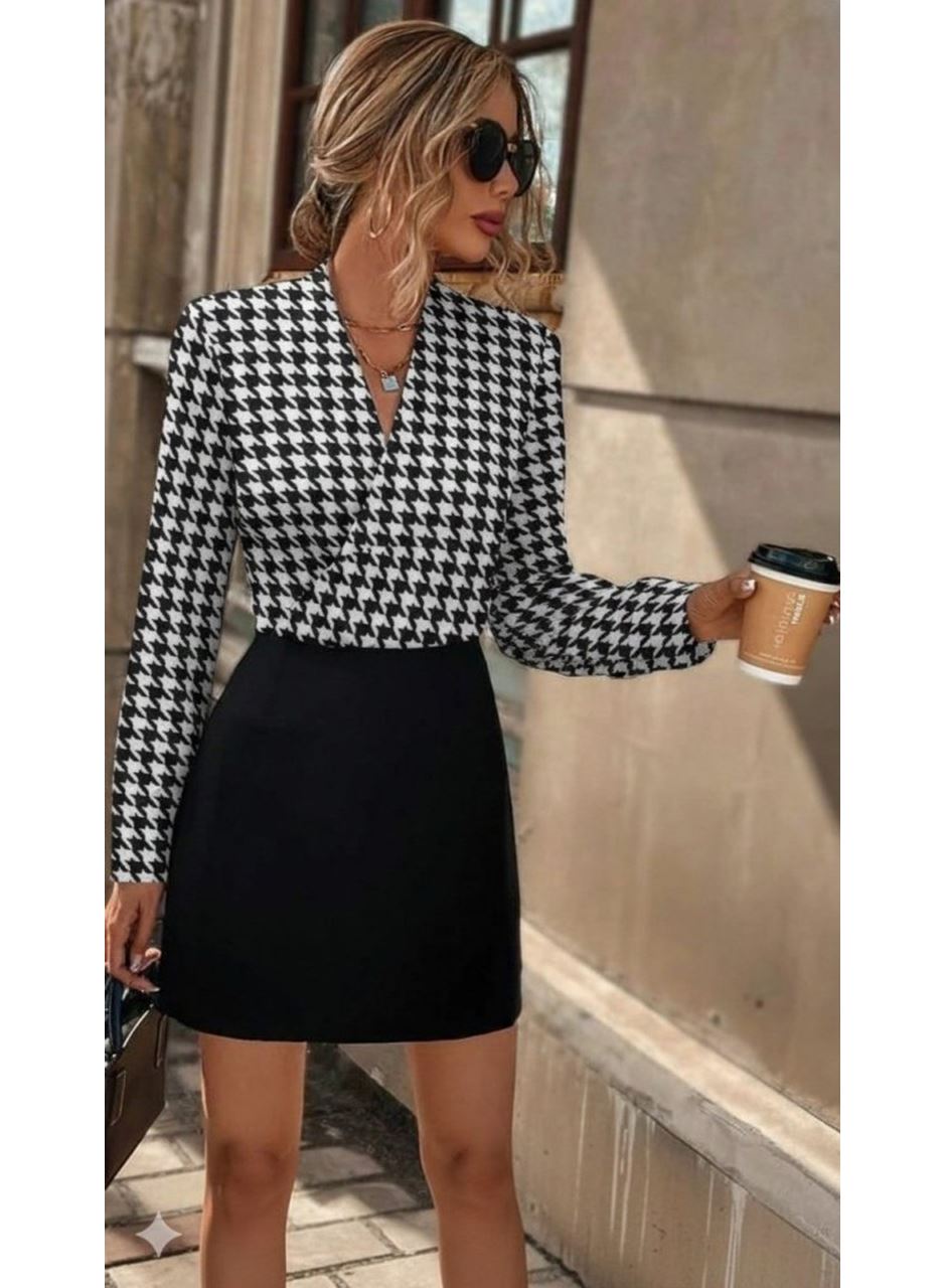 Kadın Uzun Kollu Kruvaze Yakalı üst Dalgıç Alt Ithal Krep Mini Elbise