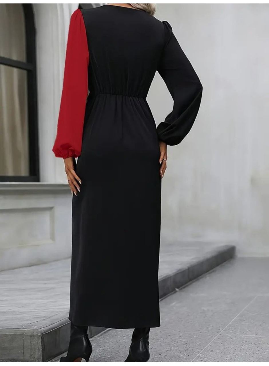 Kadın Uzun Kollu Kruvaze Yakalı Belden çapraz Detaylı çift Renkli Midi Ithal Krep Elbise
