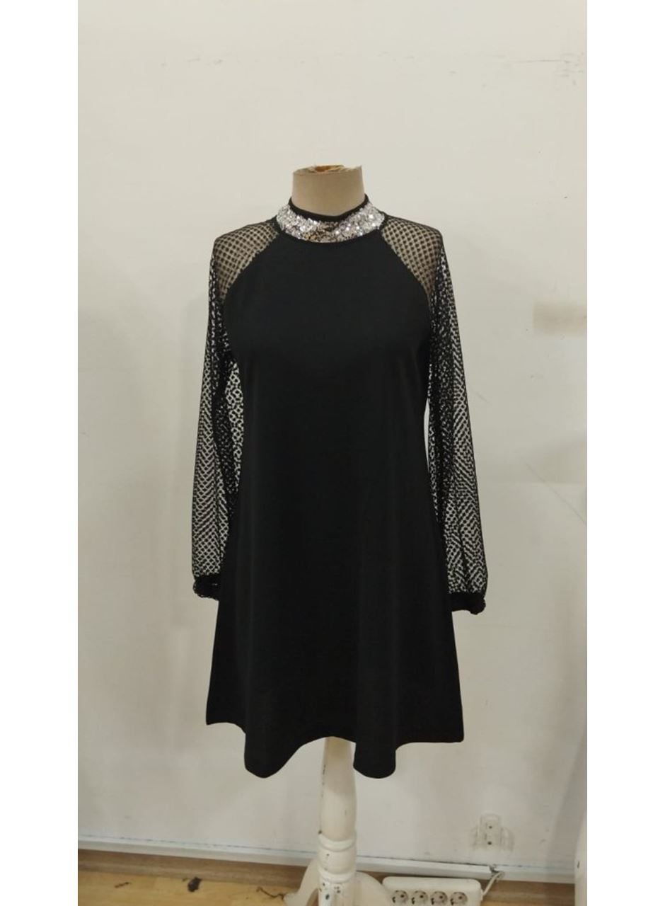 Kadın Uzun Kollu Yarı Balıkçı Yaka Pulpayetli Kolları Dantel Detaylı Mini Ithal Krep Elbise