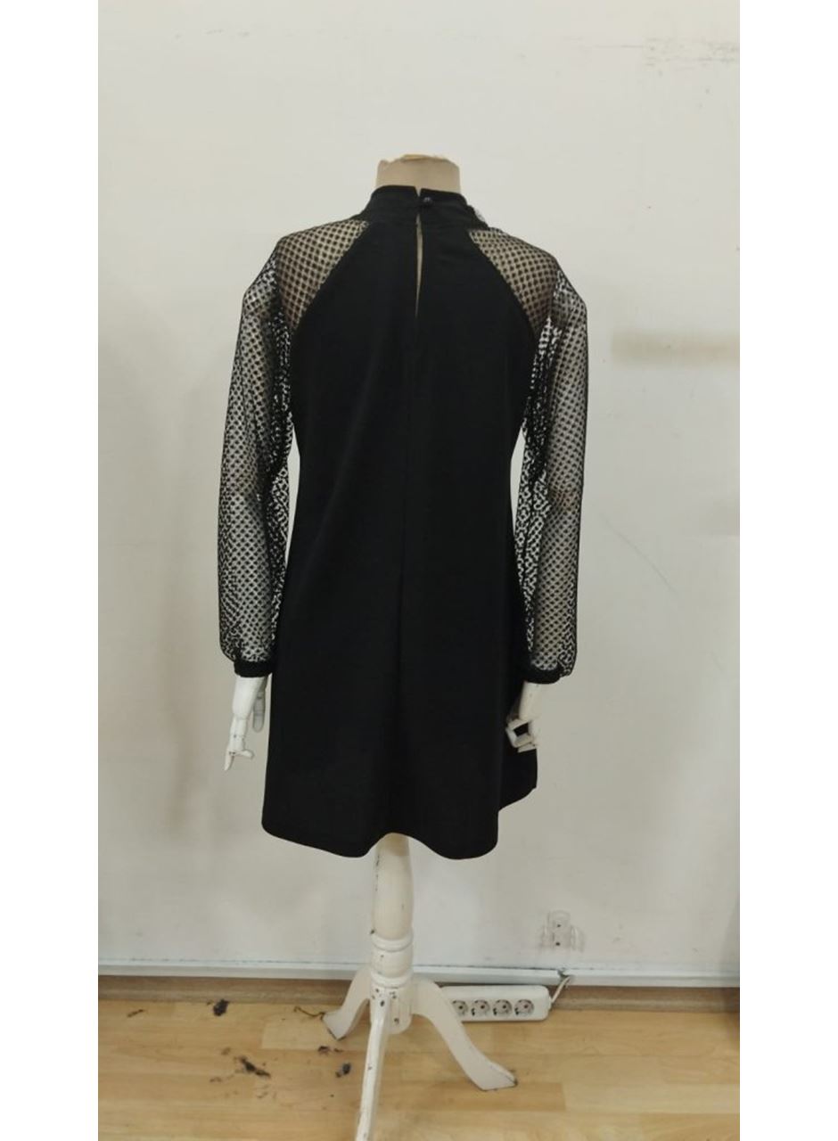 Kadın Uzun Kollu Yarı Balıkçı Yaka Pulpayetli Kolları Dantel Detaylı Mini Ithal Krep Elbise