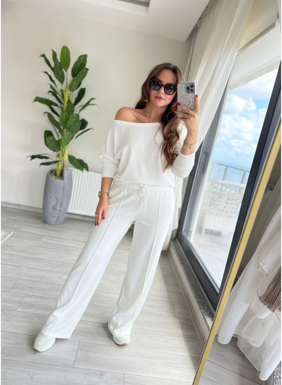 Kadın Uzun Kollu Tek Omuzdan Açık Dalgıç Bluz Ve Pantolon Ikili Takım