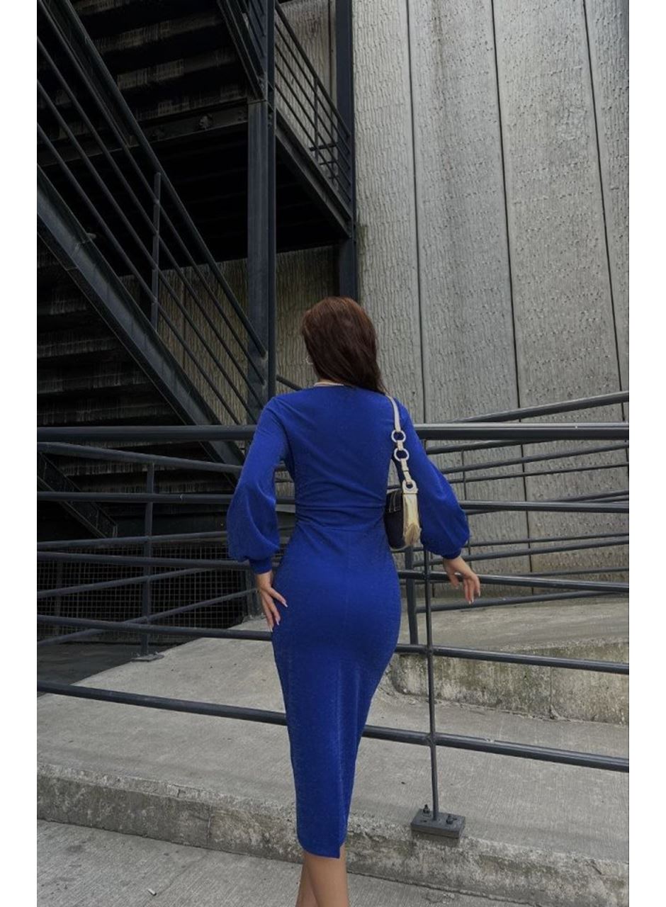 Kadın Kruvaze Yaka Balon Kol Simli Krep Kumaş Midi Boy Elbise