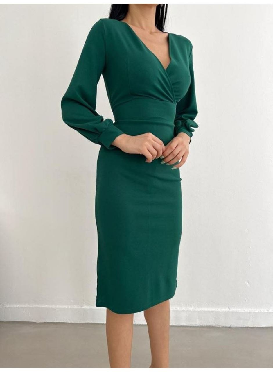 Kadın Kruvaze Yaka Balon Kol Midi Boy Elbise