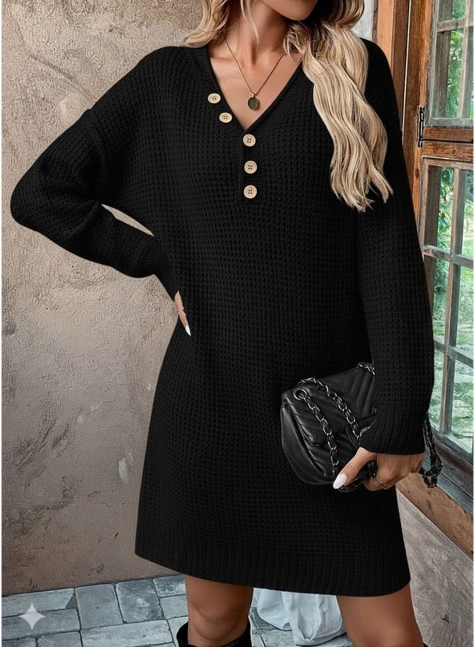 Kadın Uzun Kollu V Yakalı Düğmeli Mini Triko Elbise