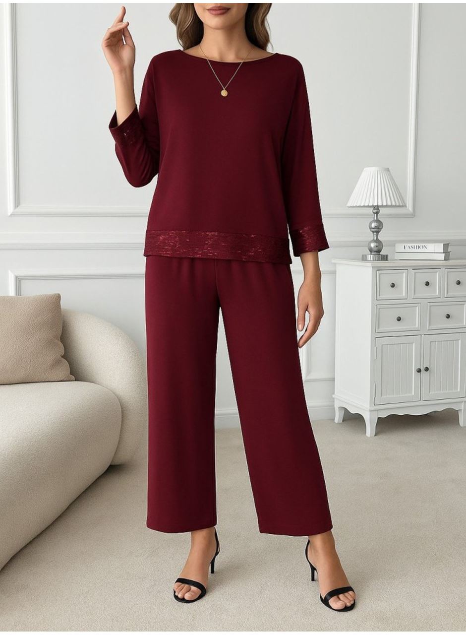 Kadın Uzun Kollu Bisiklet Yaka Pulpayetli Viskon Iki Iplik Bluz Ve Pantolon Ikili Takım
