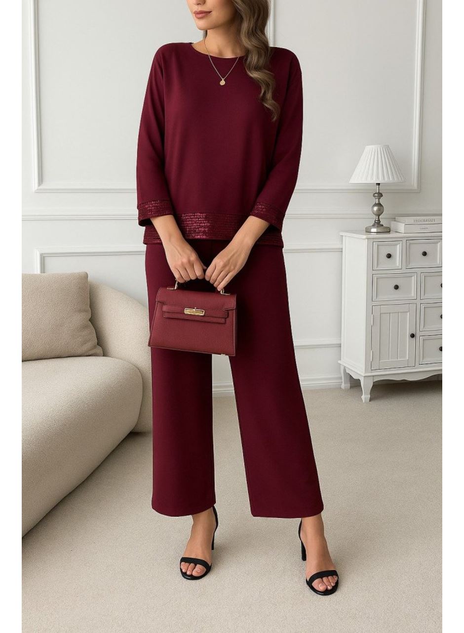Kadın Uzun Kollu Bisiklet Yaka Pulpayetli Viskon Iki Iplik Bluz Ve Pantolon Ikili Takım