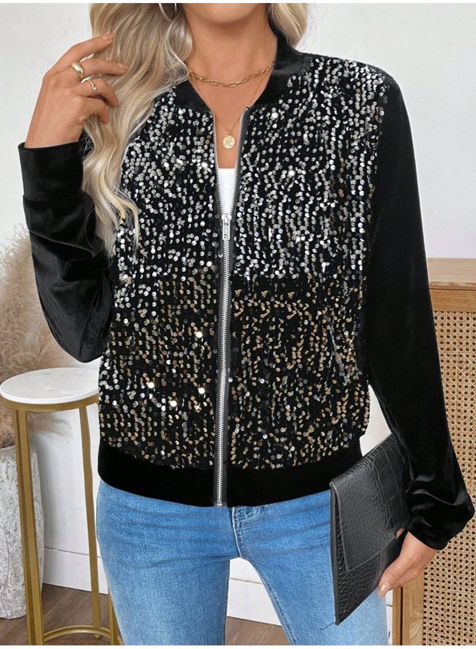 Kadın Uzun Kollu önü Açık Fermuarlı Pulpayetli Kadife Ceket