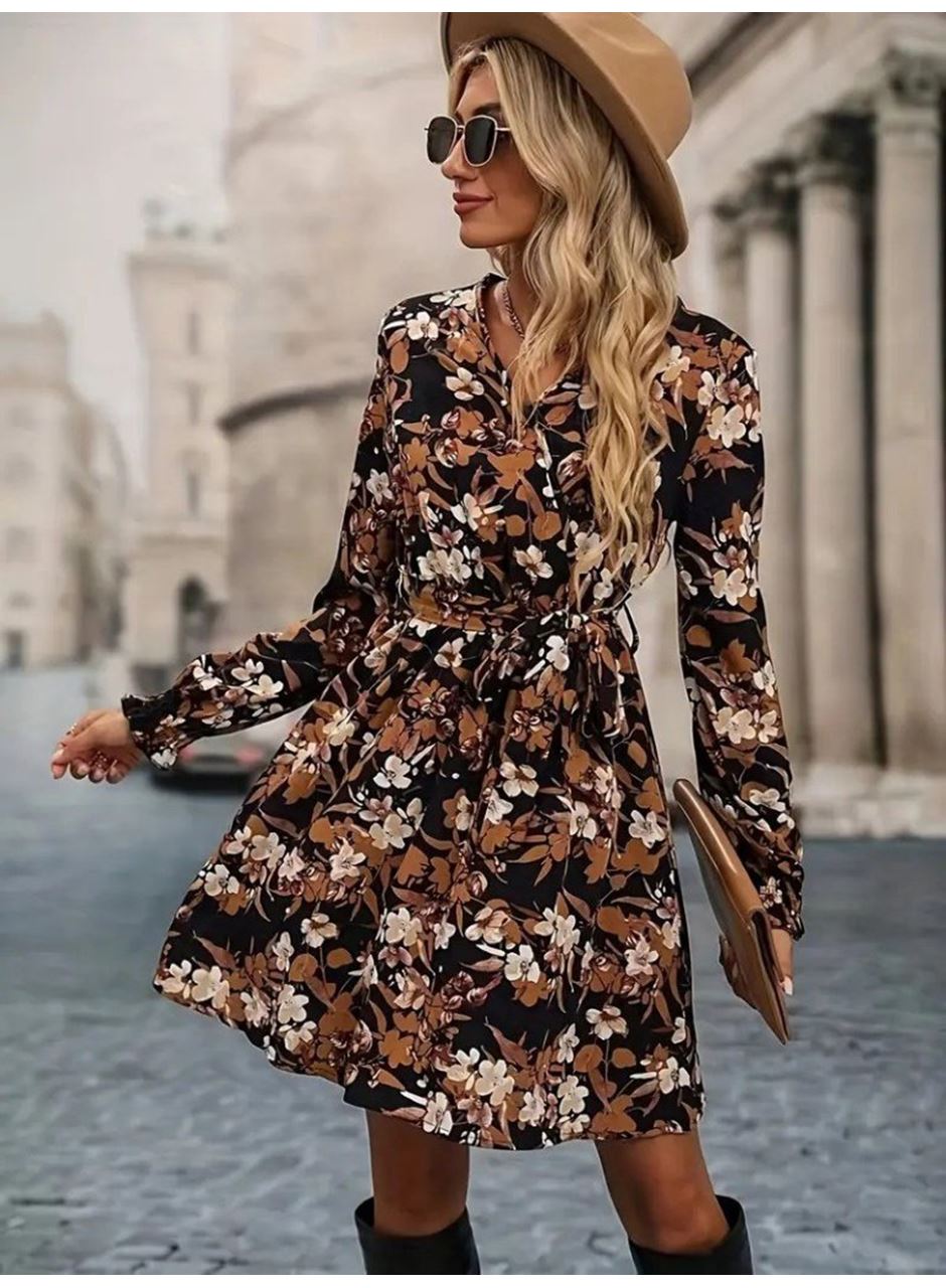 Kadın Uzun Kollu Kruvaze Yakalı Belden Kuşaklı çiçek Desenli Mikro Süprem Mini Elbise