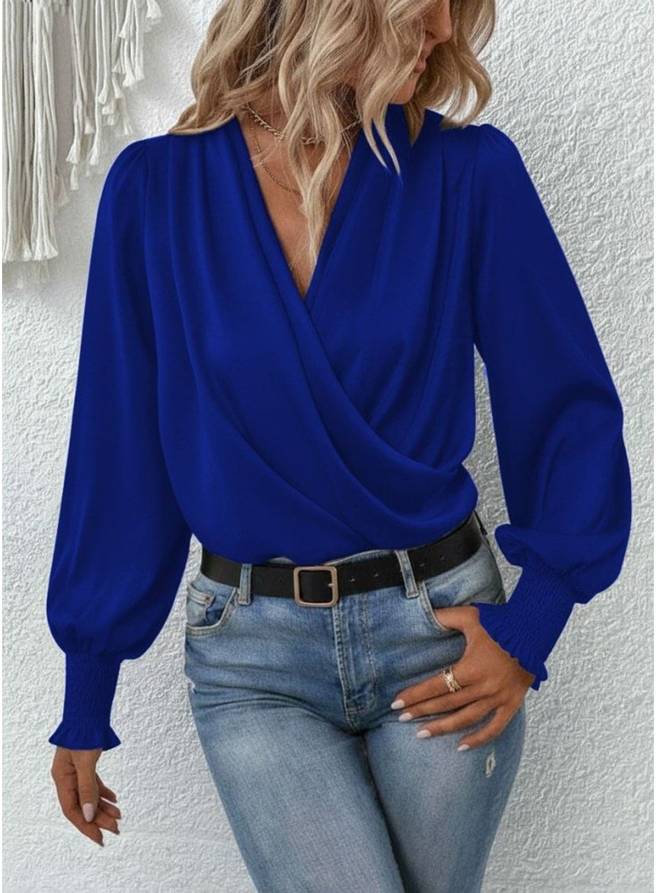Kadın Uzun Kollu Dökümlü Kruvaze Yaka Kol Ucu Gipeli Sandy Lacivert Bluz