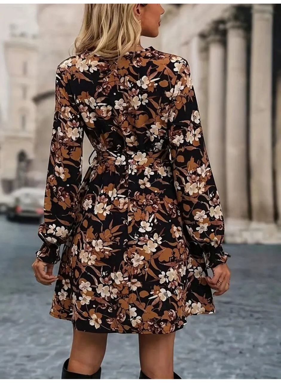 Kadın Uzun Kollu Kruvaze Yakalı Belden Kuşaklı çiçek Desenli Mikro Süprem Mini Elbise